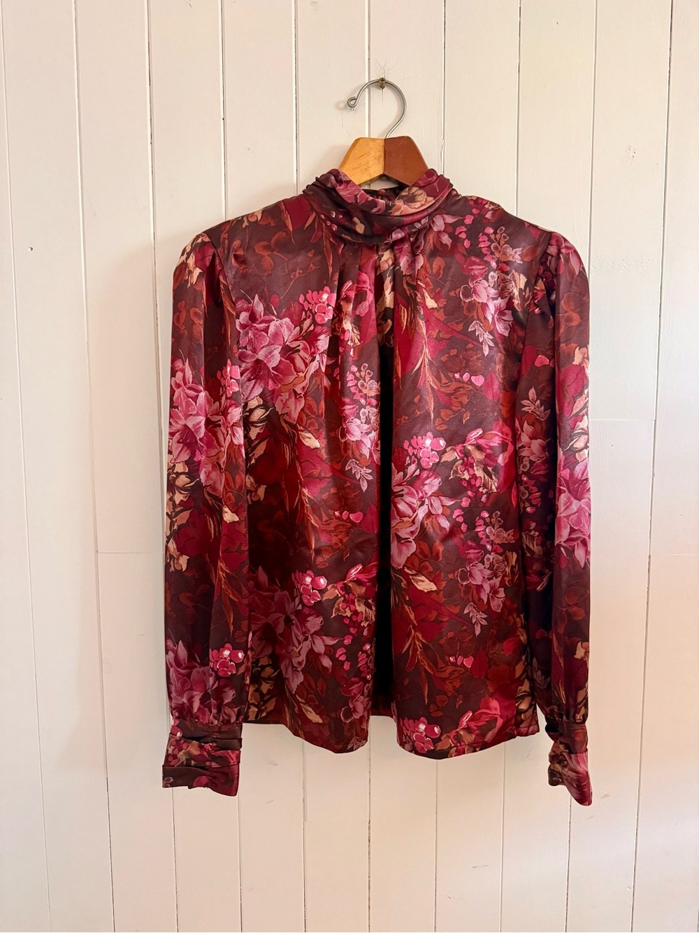 NICOLA Floral Satin Blouse in Burgundy Tones